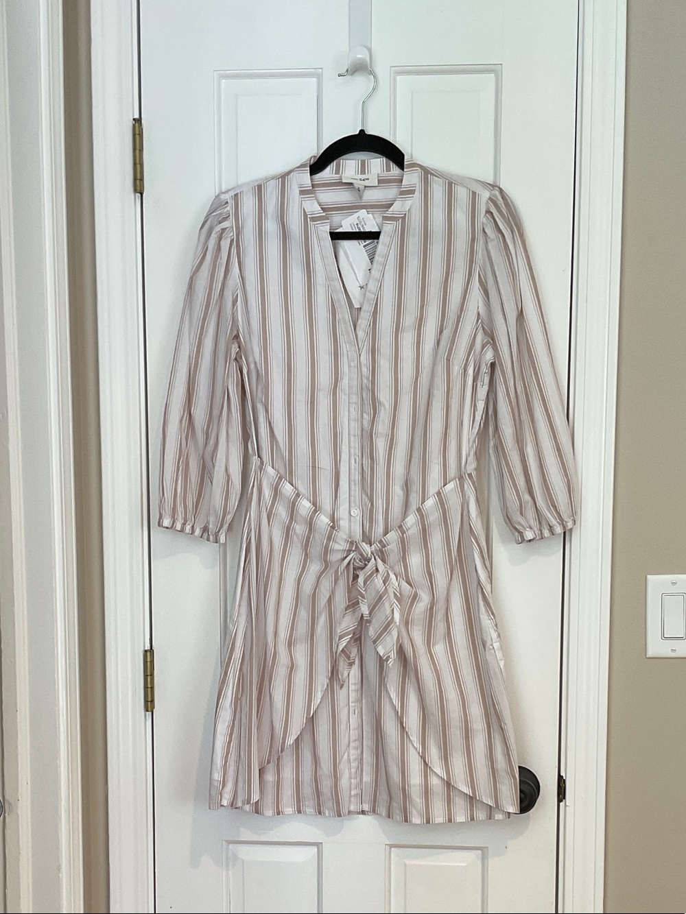 Striped Tie-Front Mini Dress in Beige and White